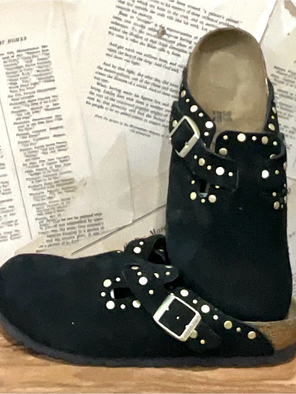 Free People Birkenstock Boston Rivets Clog Black Suede Brass Matte Studs - Picture 2 of 9